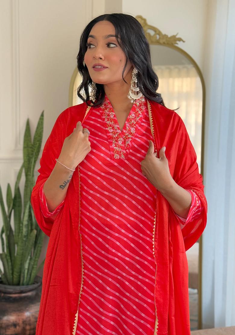 Red Embroidered Muslin Salwar Kameez