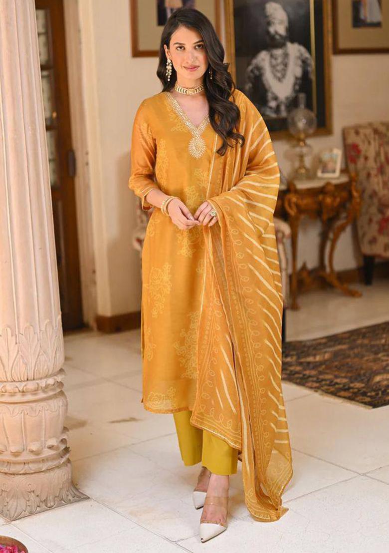 Mustard Yellow Embroidered Rayon Salwar Kameez