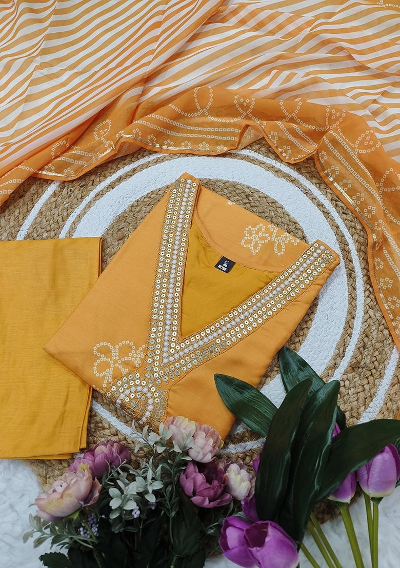 Mustard Yellow Embroidered Rayon Salwar Kameez