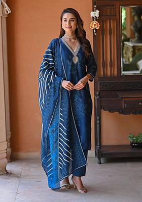 Blue Embroidered Rayon Salwar Kameez