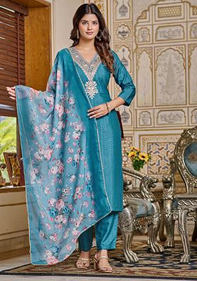 Teal Blue Embroidered Viscose Rayon Salwar Kameez