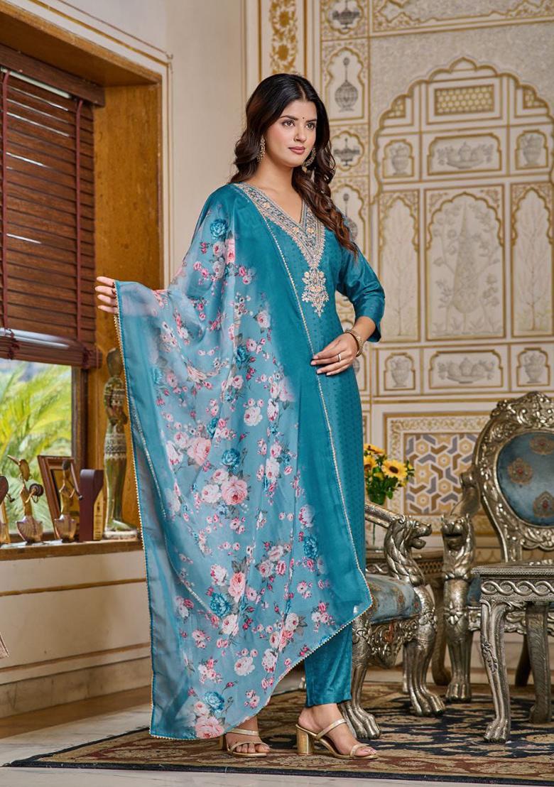 Teal Blue Embroidered Viscose Rayon Salwar Kameez