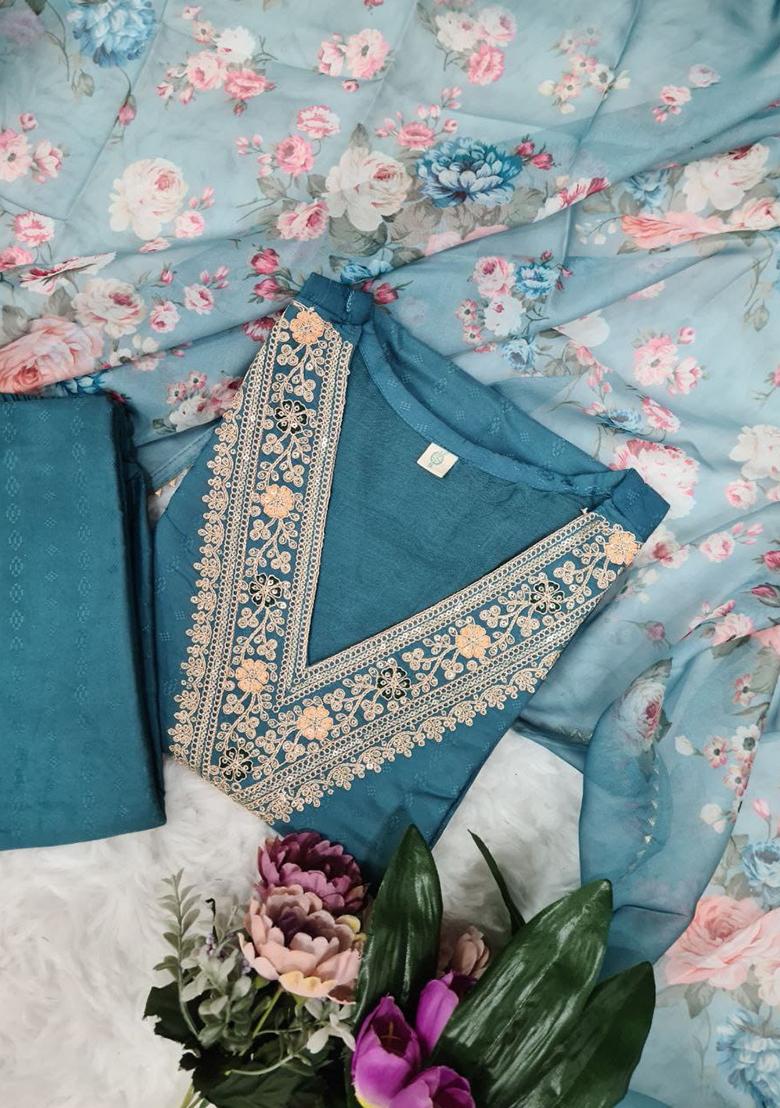 Teal Blue Embroidered Viscose Rayon Salwar Kameez