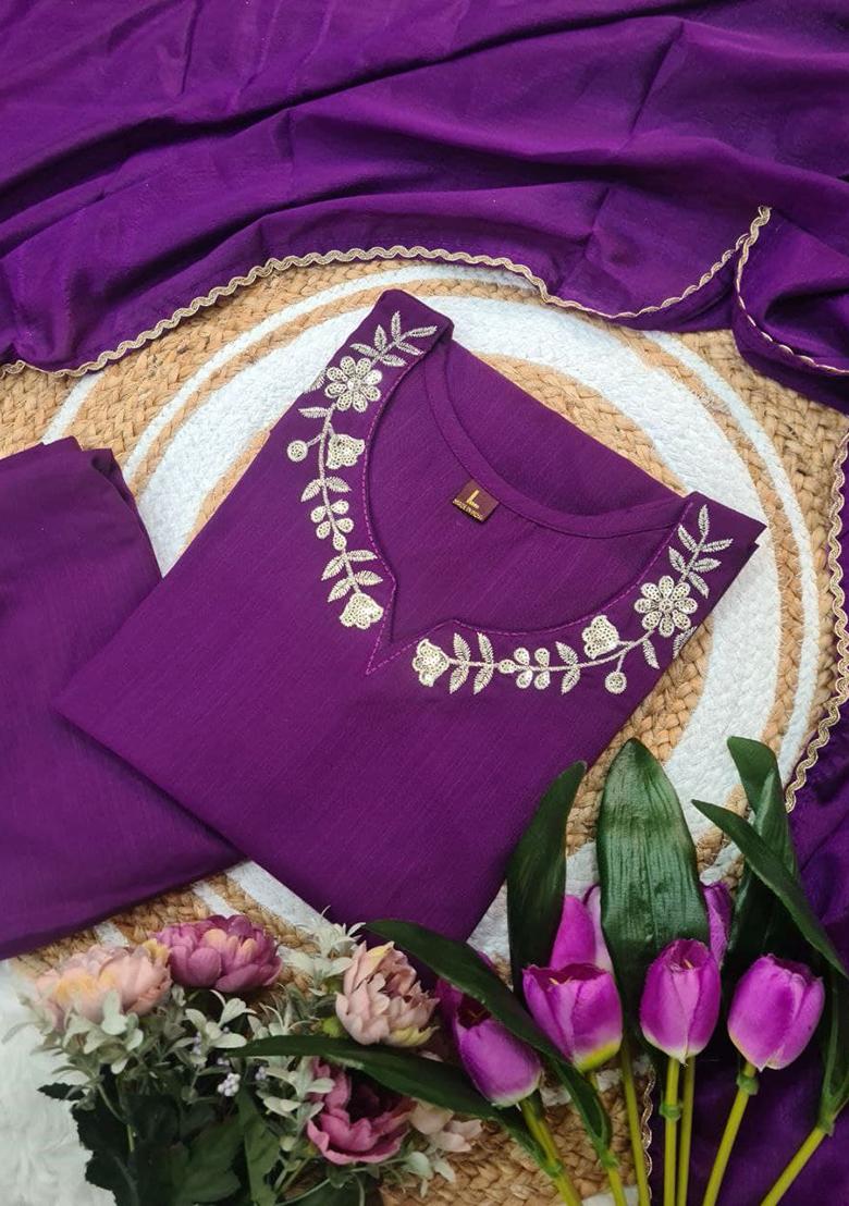 Purple Embroidered Viscose Rayon Salwar Kameez