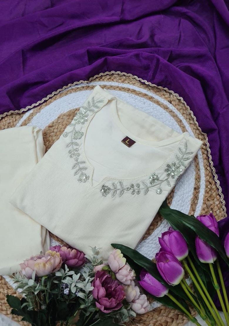 Whie Embroidered Viscose Rayon Salwar Kameez