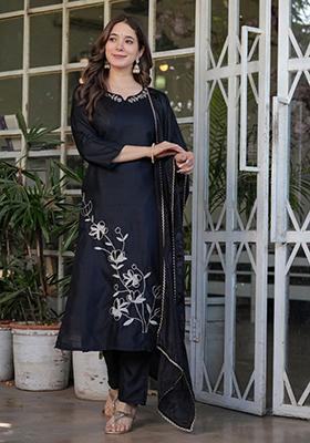 Black Embroidered Viscose Rayon Salwar Kameez