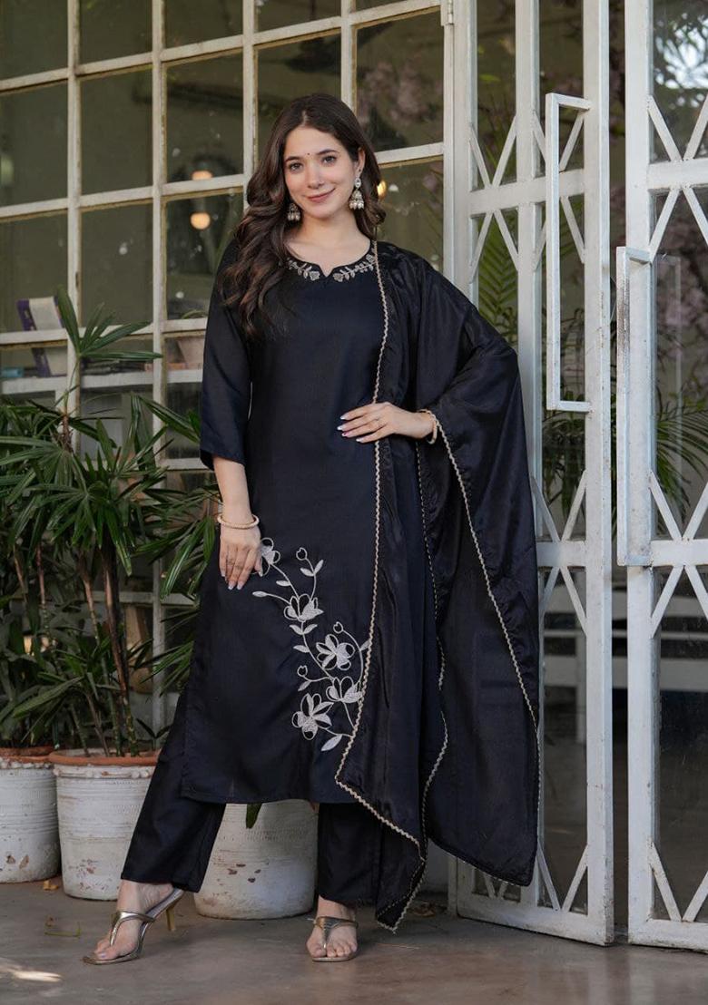 Black Embroidered Viscose Rayon Salwar Kameez