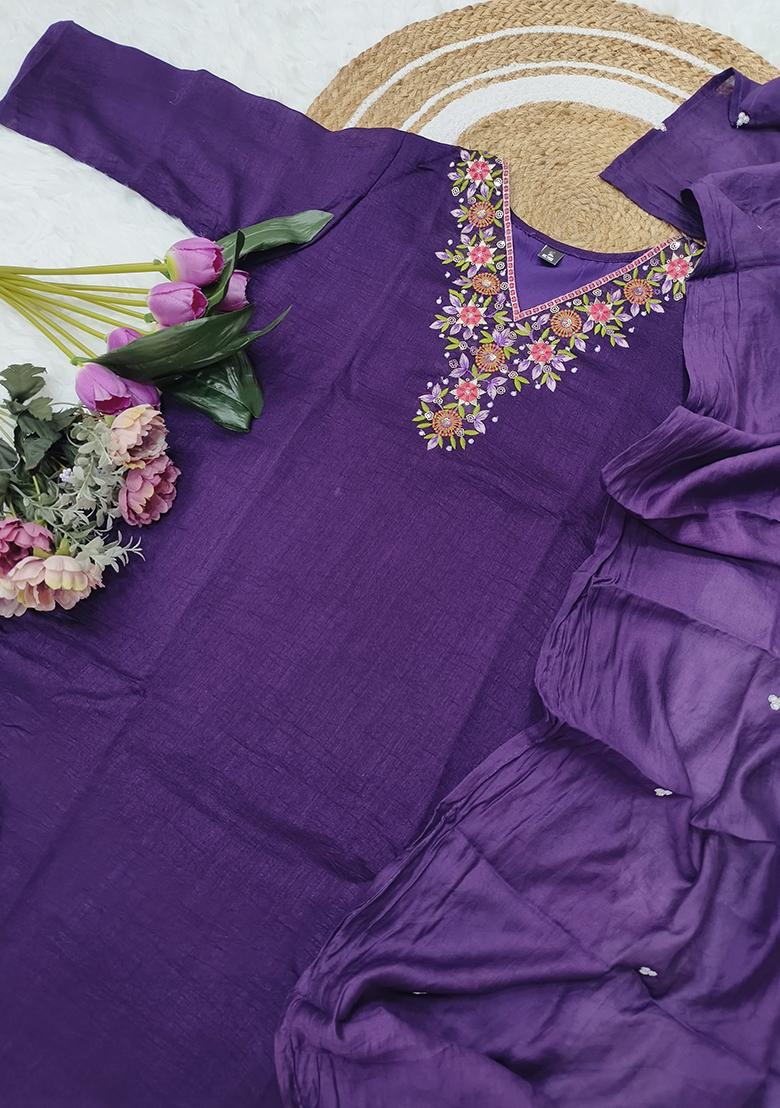 Wine Embroidered Vichitra Silk Salwar Kameez