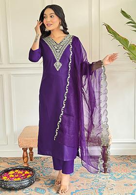 Purple Embroidered Viscose Rayon Salwar Kameez