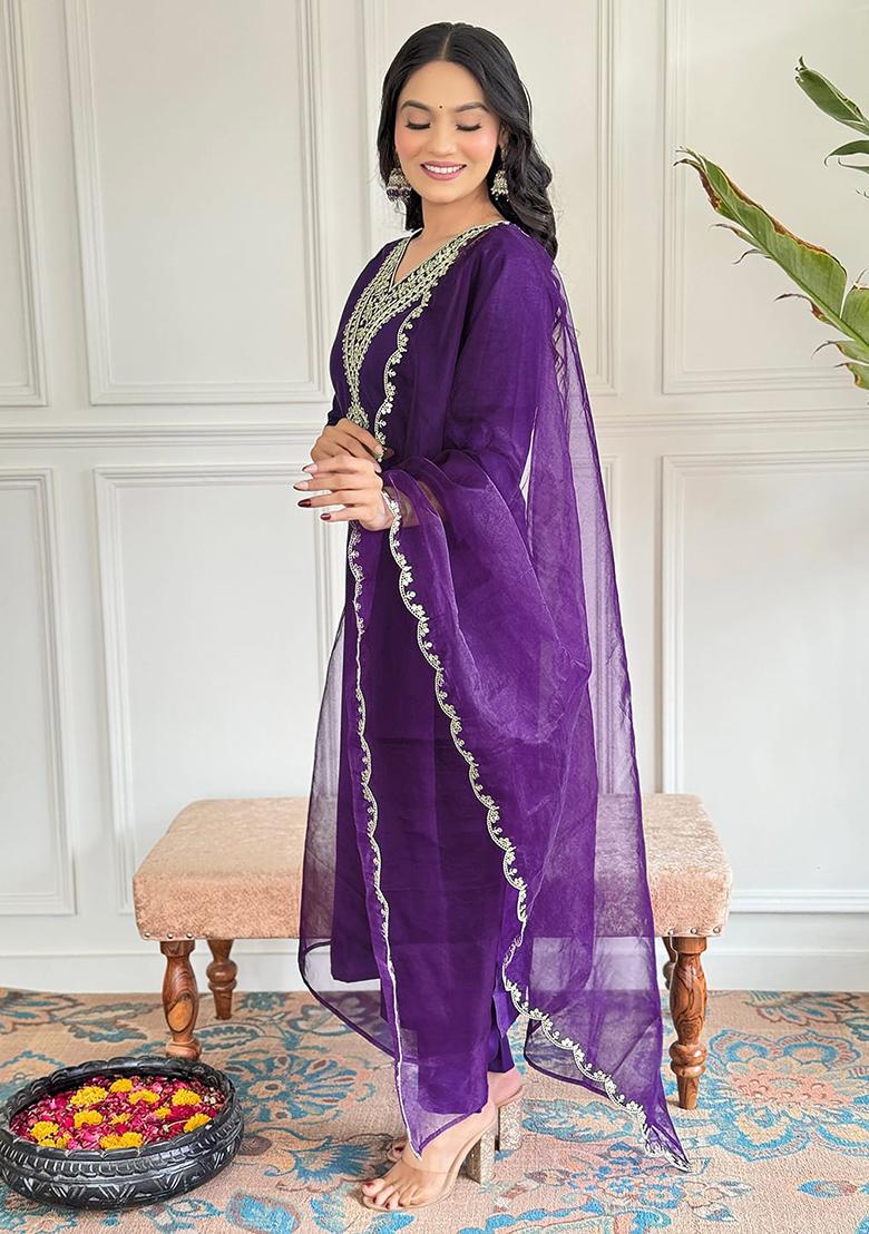 Purple Embroidered Viscose Rayon Salwar Kameez