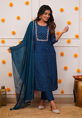 Blue Embroidered Muslin Salwar Kameez