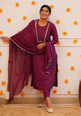 Wine Embroidered Muslin Salwar Kameez