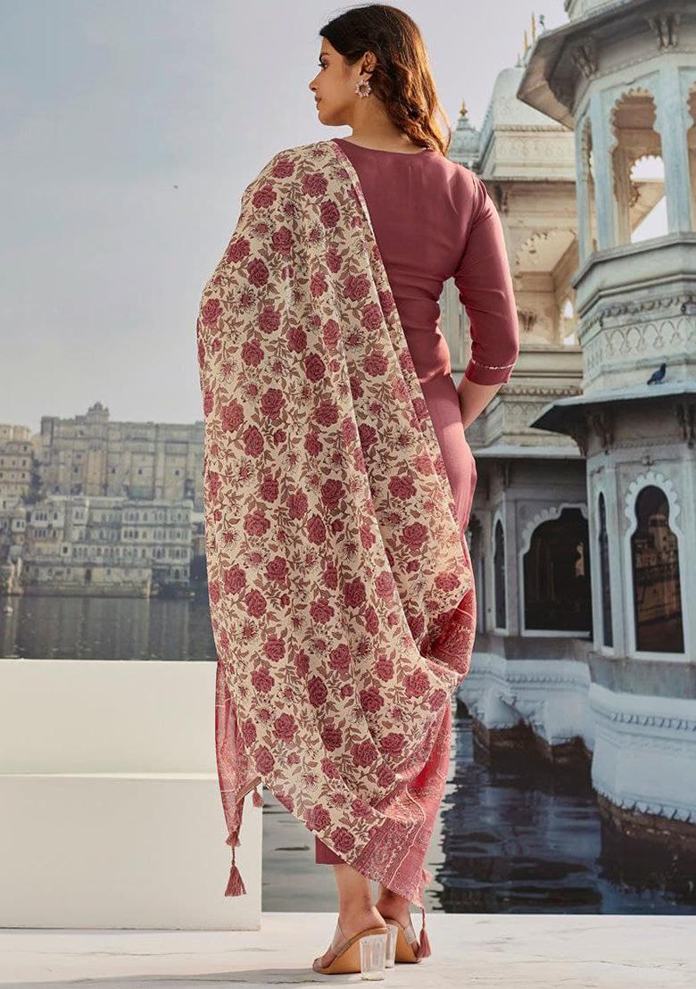 Brown Embroidered Cotton Silk  Salwar Kameez