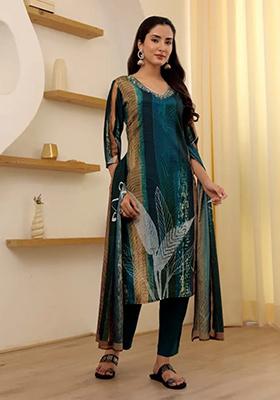 Teal Blue Embroidered Rayon Salwar Kameez