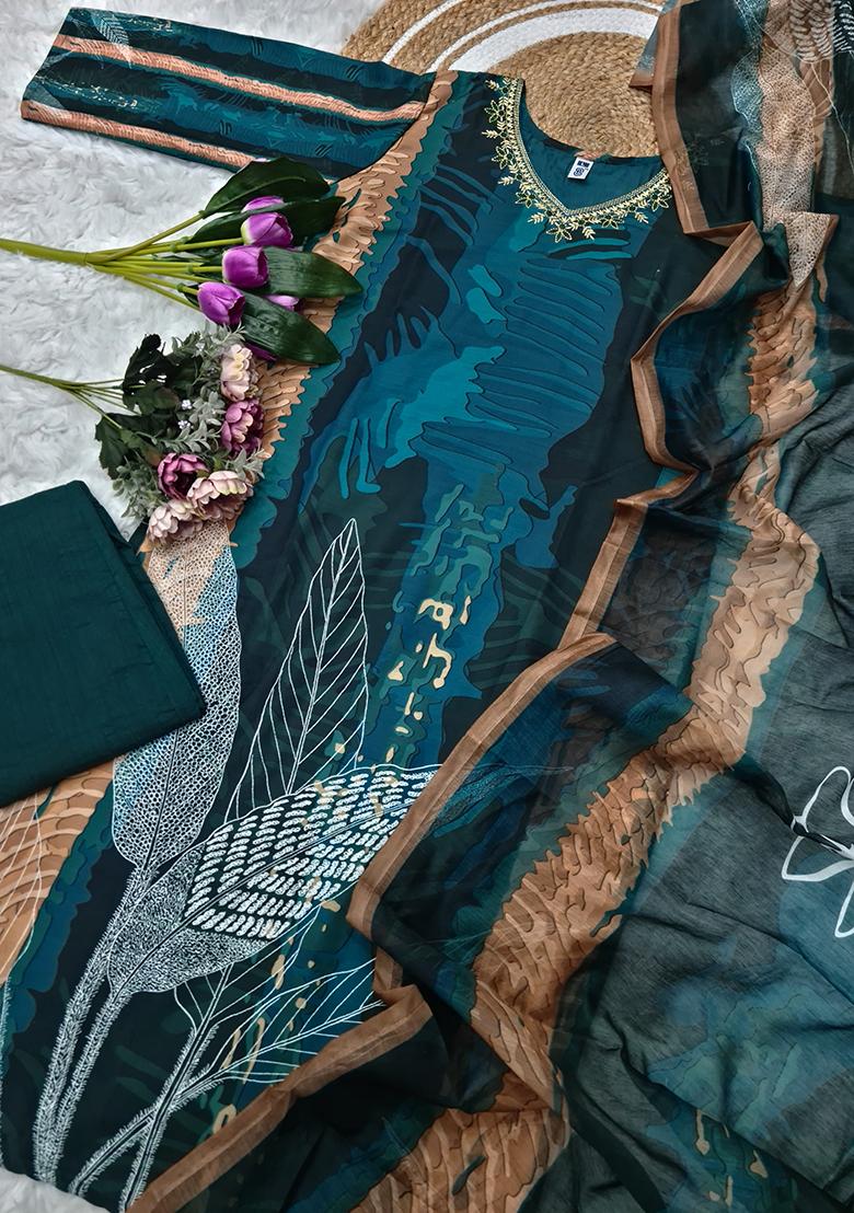 Teal Blue Embroidered Rayon Salwar Kameez