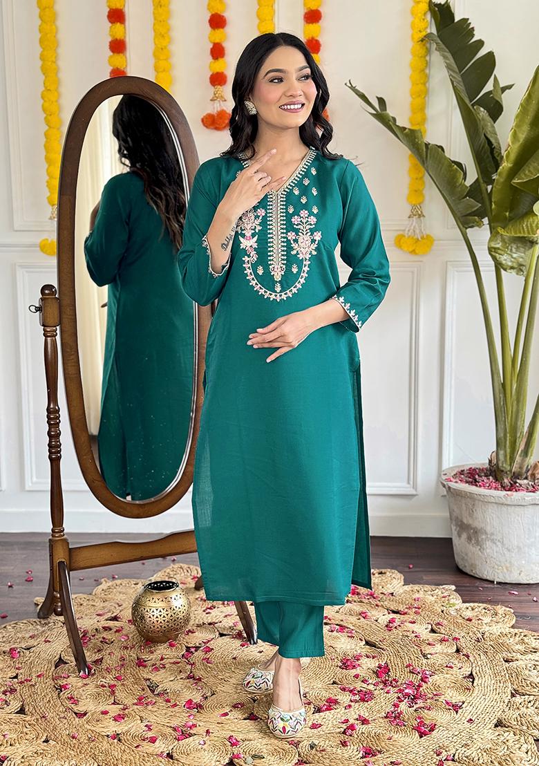 Teal Blue Embroidered Viscose Rayon Salwar Kameez