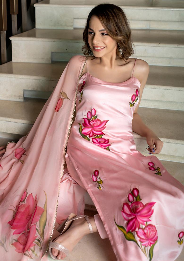 Peach Floral Print Fancy Fabric Salwar Kameez