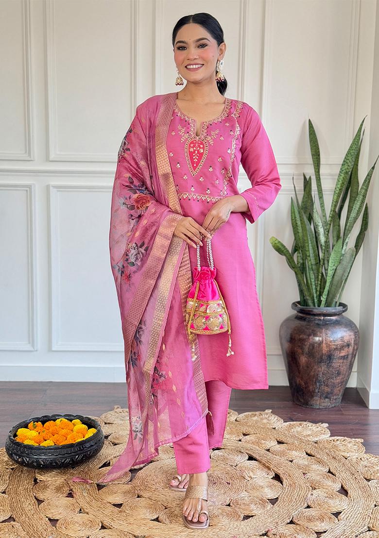 Hot Pink Embroidered Viscose Rayon Salwar Kameez