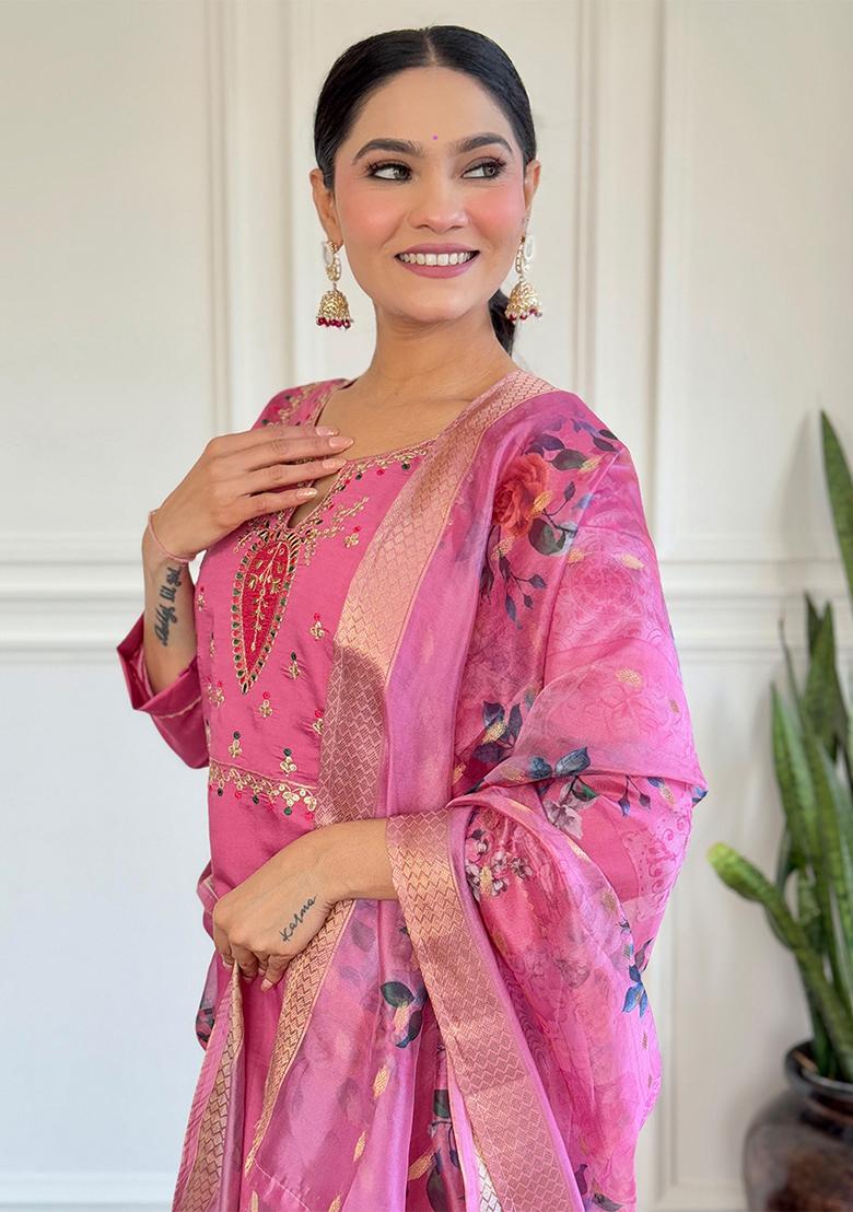 Hot Pink Embroidered Viscose Rayon Salwar Kameez