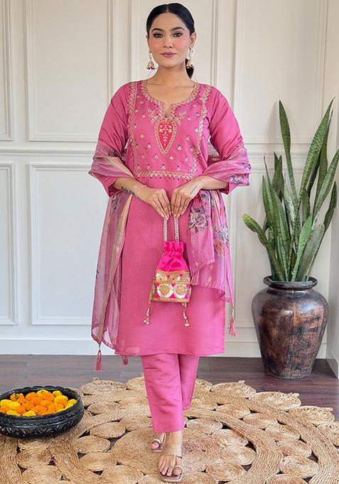 Hot Pink Embroidered Viscose Rayon Salwar Kameez With Dupatta