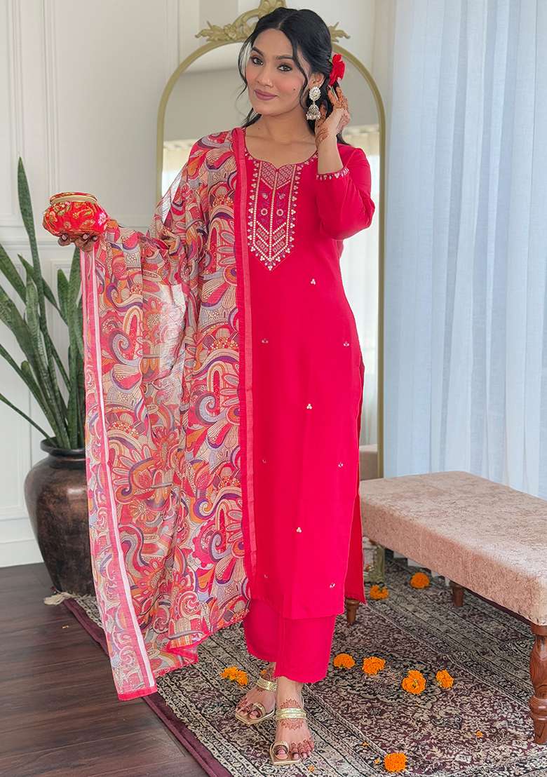 Rani Pink Embroidered Rayon Salwar Kameez With Dupatta - Indya
