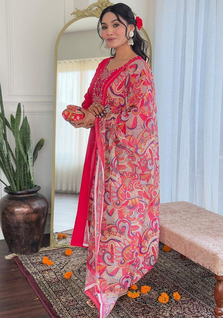 Rani Pink Embroidered Rayon Salwar Kameez