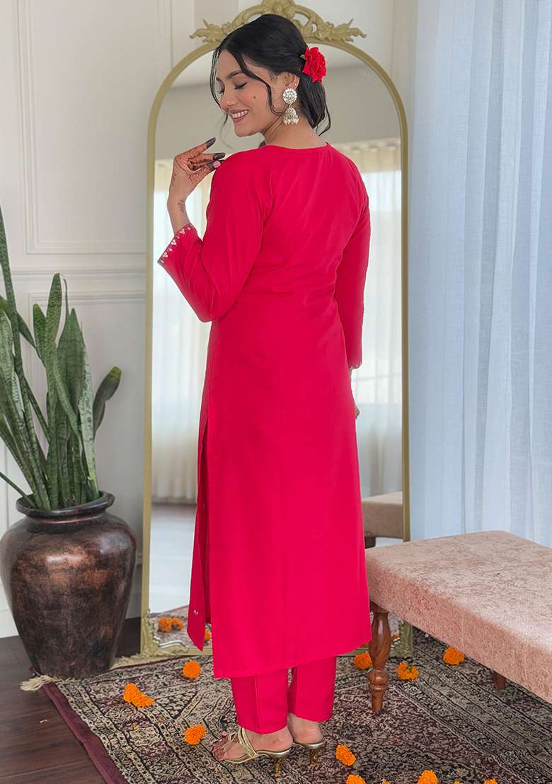 Rani Pink Embroidered Rayon Salwar Kameez With Dupatta - Indya