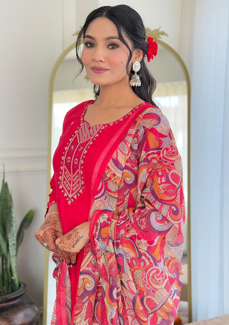 Rani Pink Embroidered Rayon Salwar Kameez