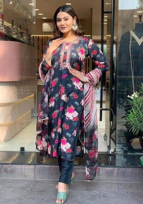 Black Floral Print Viscose Rayon Salwar Kameez