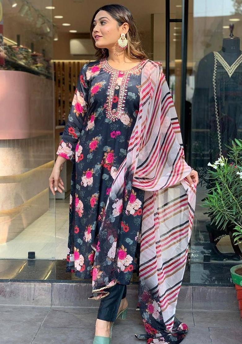 Black Floral Print Viscose Rayon Salwar Kameez