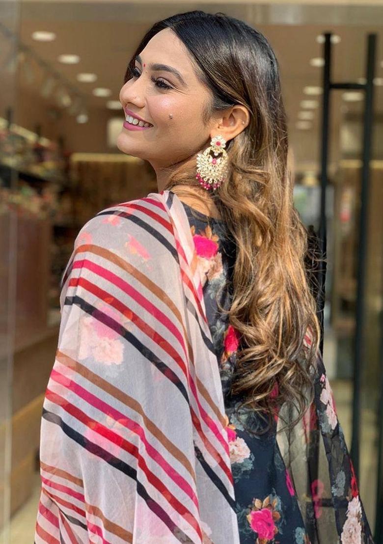 Black Floral Print Viscose Rayon Salwar Kameez