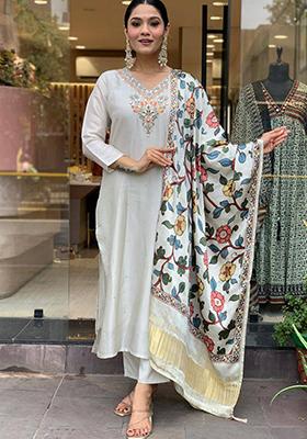 Off White Embroidered Viscose Rayon Salwar Kameez With Dupatta