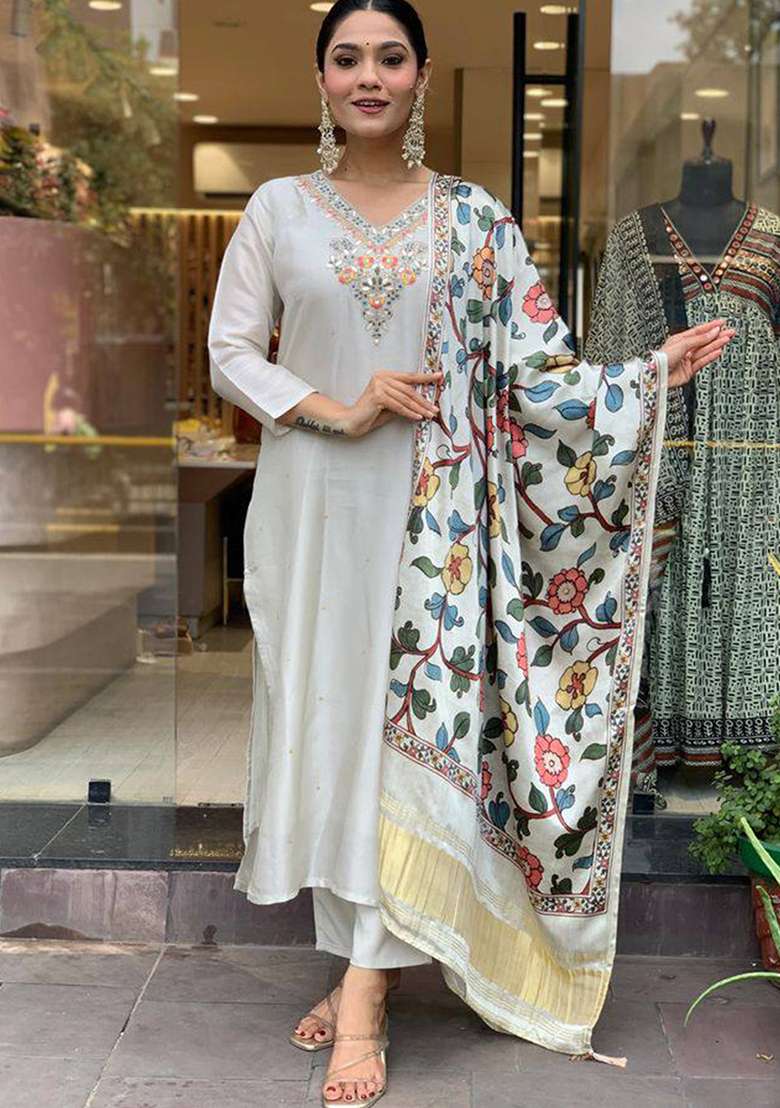 Off White Embroidered Viscose Straight Kurta Set - Indya