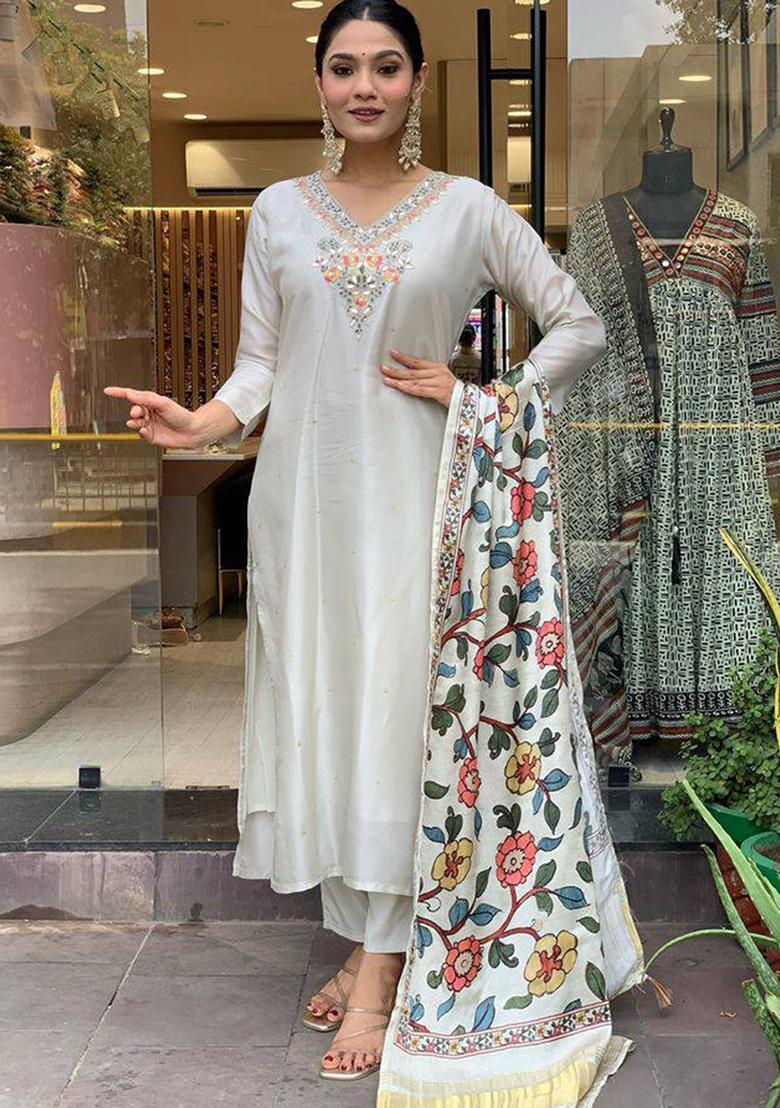 Off White Embroidered Viscose Rayon Salwar Kameez