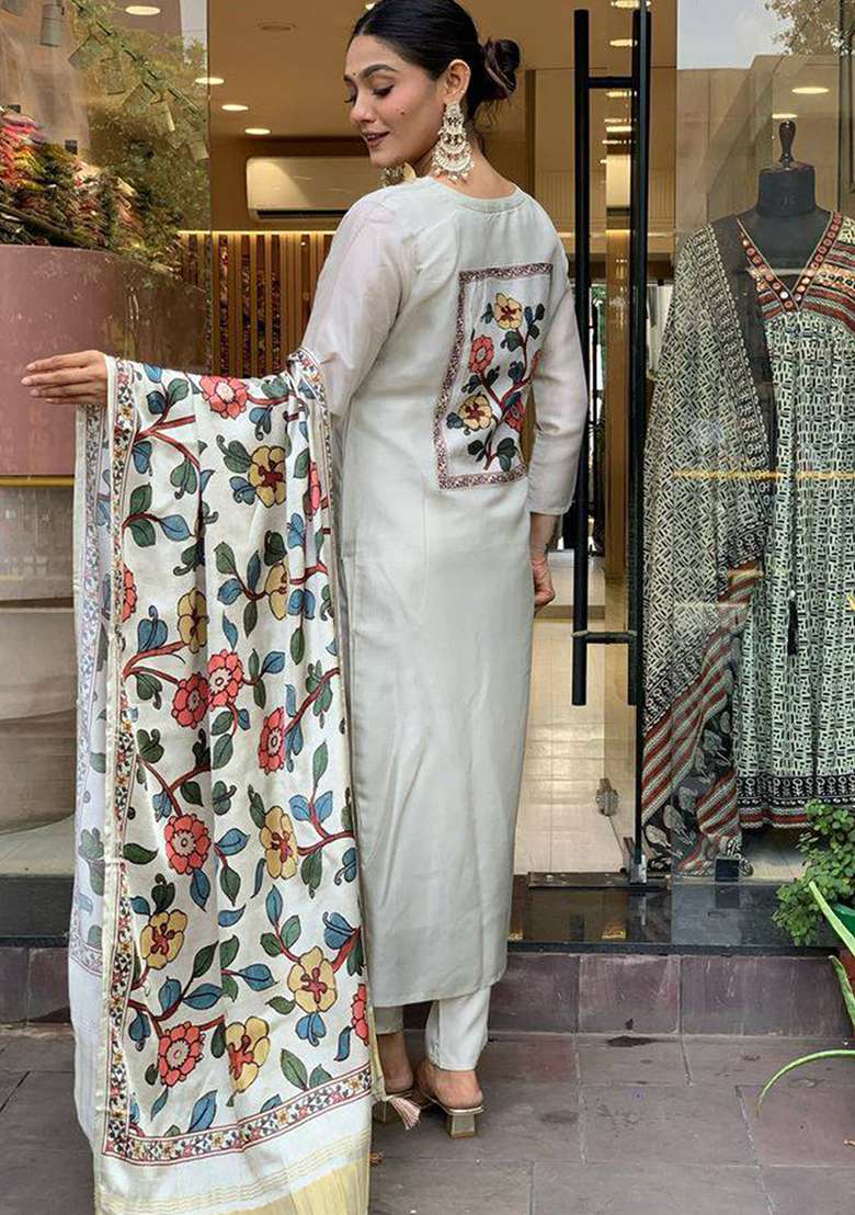 Off White Embroidered Viscose Straight Kurta Set - Indya