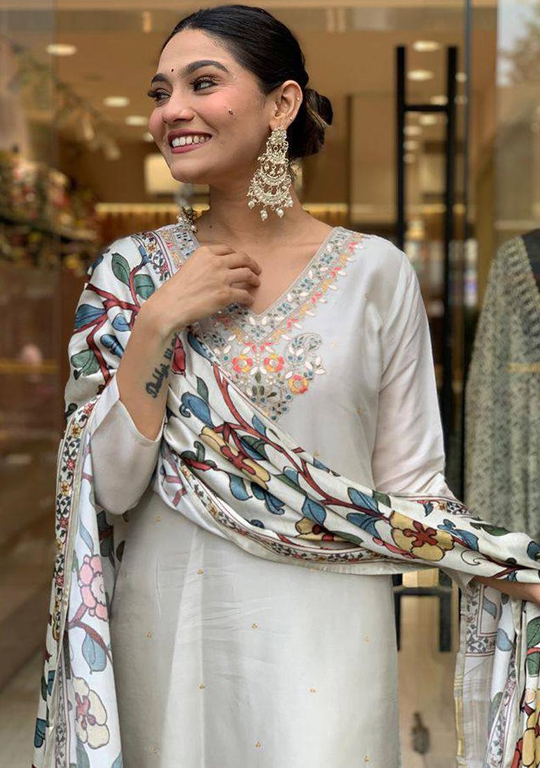 Off White Embroidered Viscose Rayon Salwar Kameez