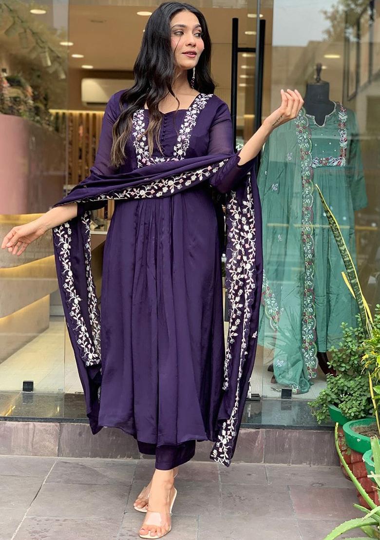 Purple Embroidered Viscose Rayon Salwar Kameez