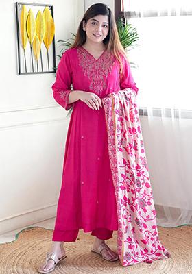 Rani Pink Embroidered Chanderi Salwar Kameez With Dupatta