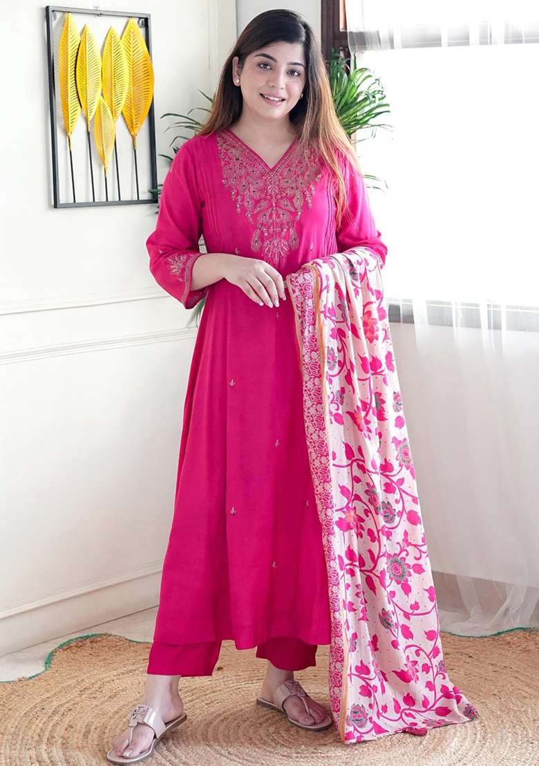 Rani Pink Embroidered Chanderi Salwar Kameez With Dupatta - Indya