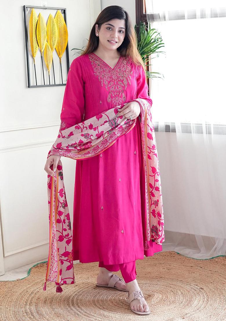 Rani Pink Embroidered Chanderi Salwar Kameez