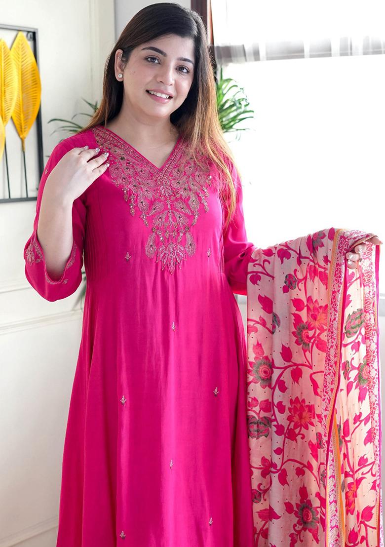 Rani Pink Embroidered Chanderi Salwar Kameez