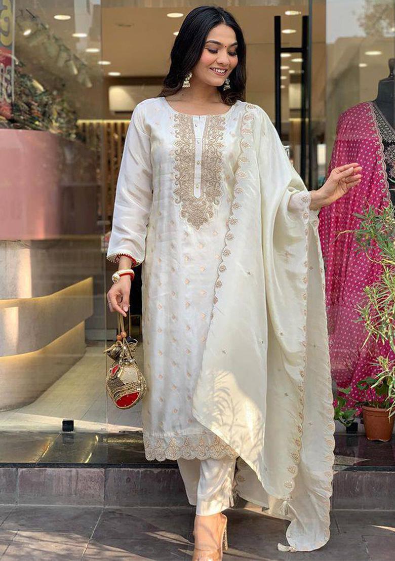 Off White Zari  Viscose Rayon Salwar Kameez