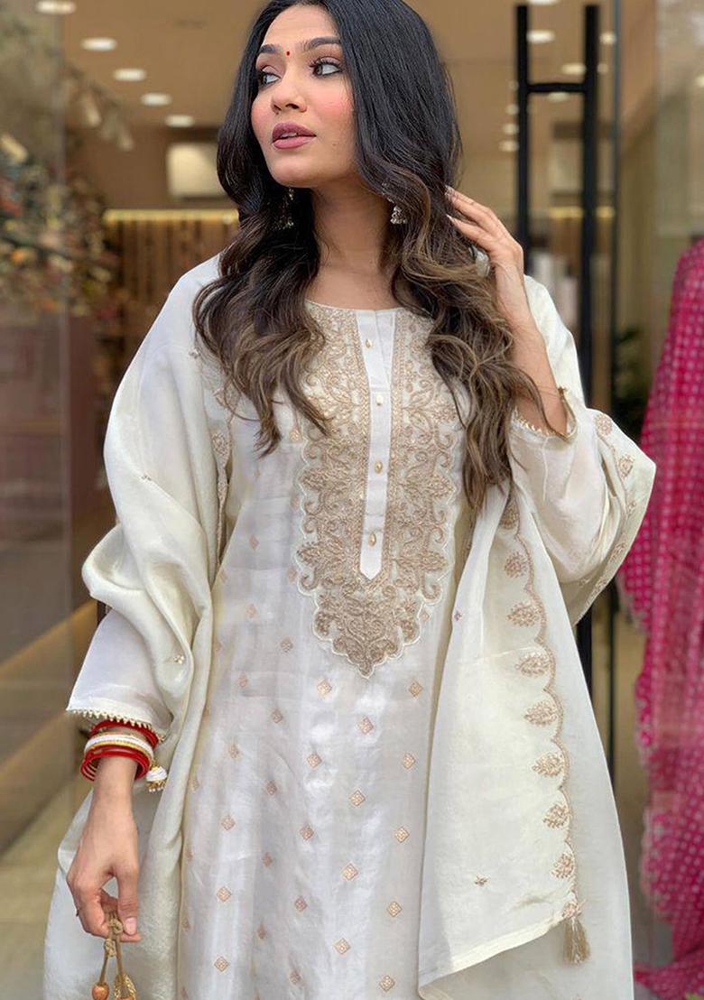 Off White Zari  Viscose Rayon Salwar Kameez