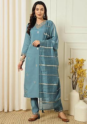 Aqua Blue Embroidered Chanderi Salwar Kameez With Dupatta