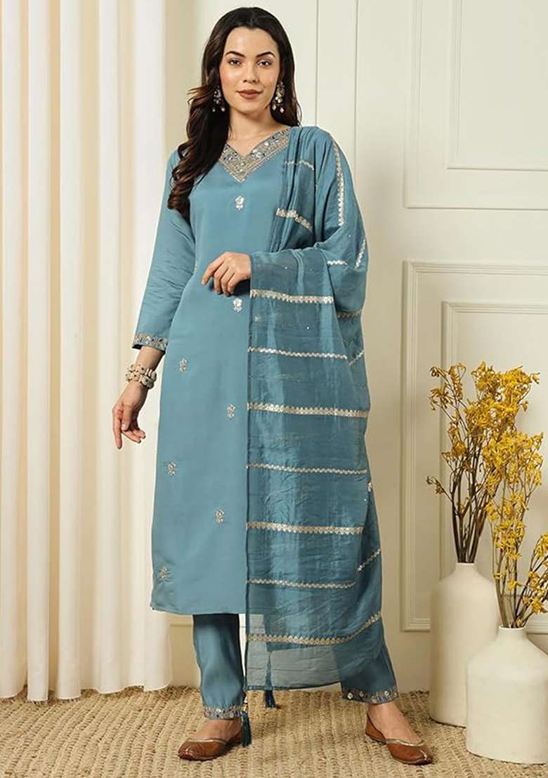 Aqua Blue Embroidered Chanderi Salwar Kameez With Dupatta - Indya