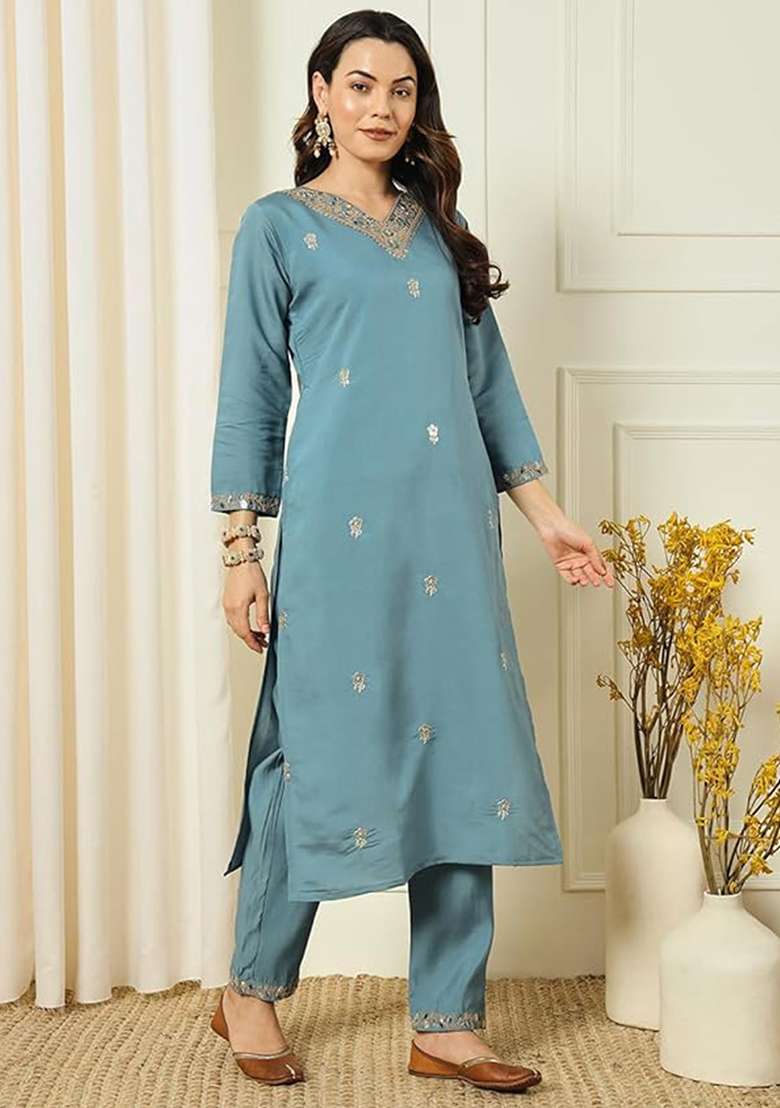 Aqua Blue Embroidered Chanderi Salwar Kameez With Dupatta - Indya