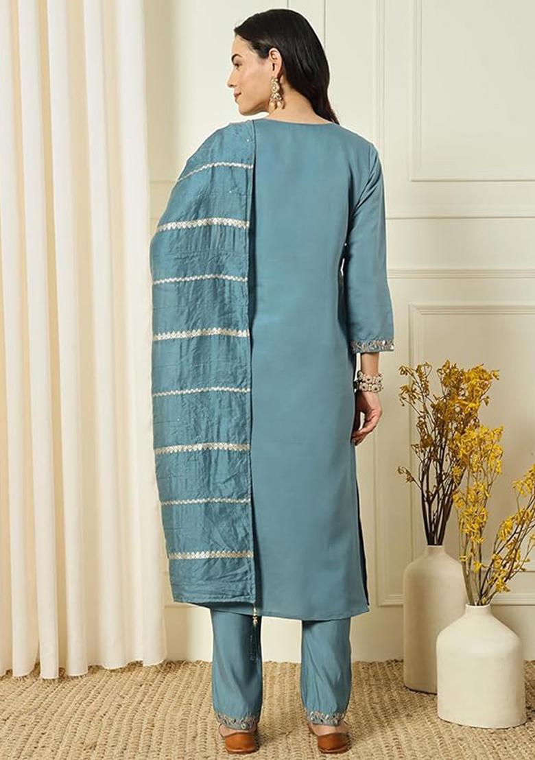 Aqua Blue Embroidered Chanderi Salwar Kameez
