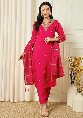 Red Embroidered Chanderi Salwar Kameez With Dupatta
