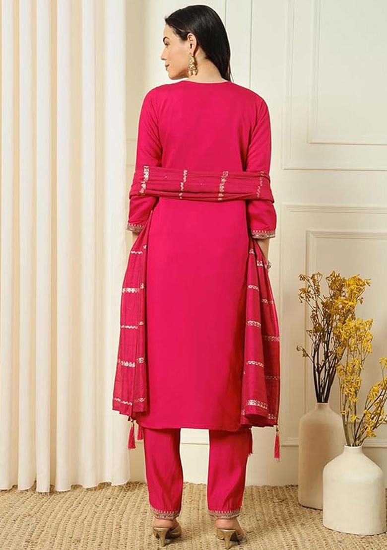 Red Embroidered Chanderi Salwar Kameez