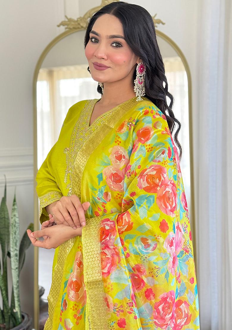 Lemon Green Embroidered Viscose Rayon Salwar Kameez